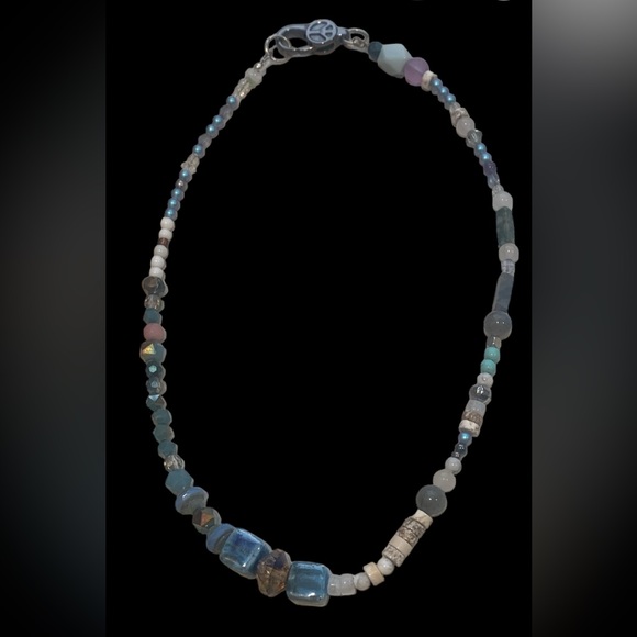 Multi Stone Pendant Necklace 18” Beaded One Of A Kind Blue Cream Bling Peace - Picture 9 of 9